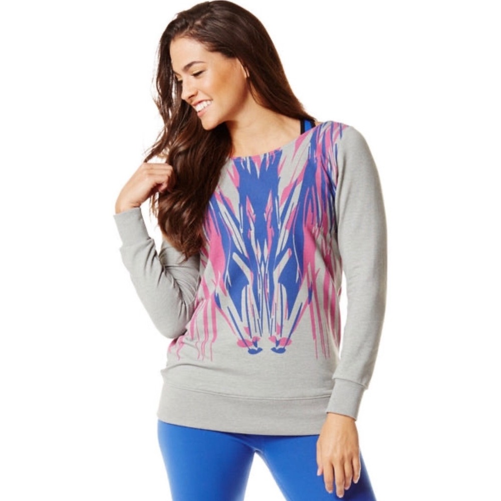 Zumba Fitness Women's Small Gray Multi Frill Me Headliner Sweatshirt Top NWT